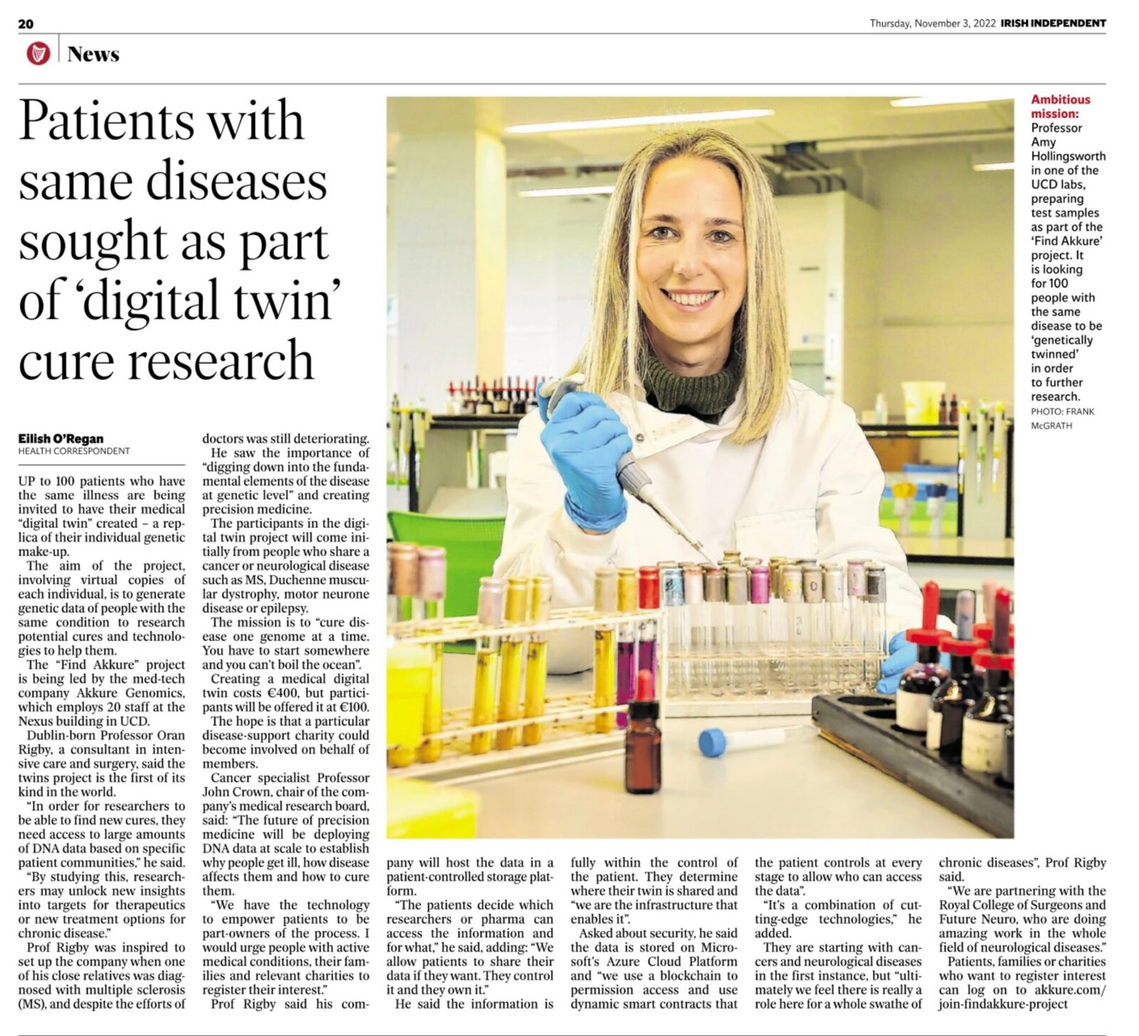 "Patients with same diseases sought as part of 'digital twin' cure research" — Irish Independent, Eilish O'Regan, Health Correspondent. Pictured: Prof Amy Hollingsworth in the UCD lab as part of the Find Akkure project.