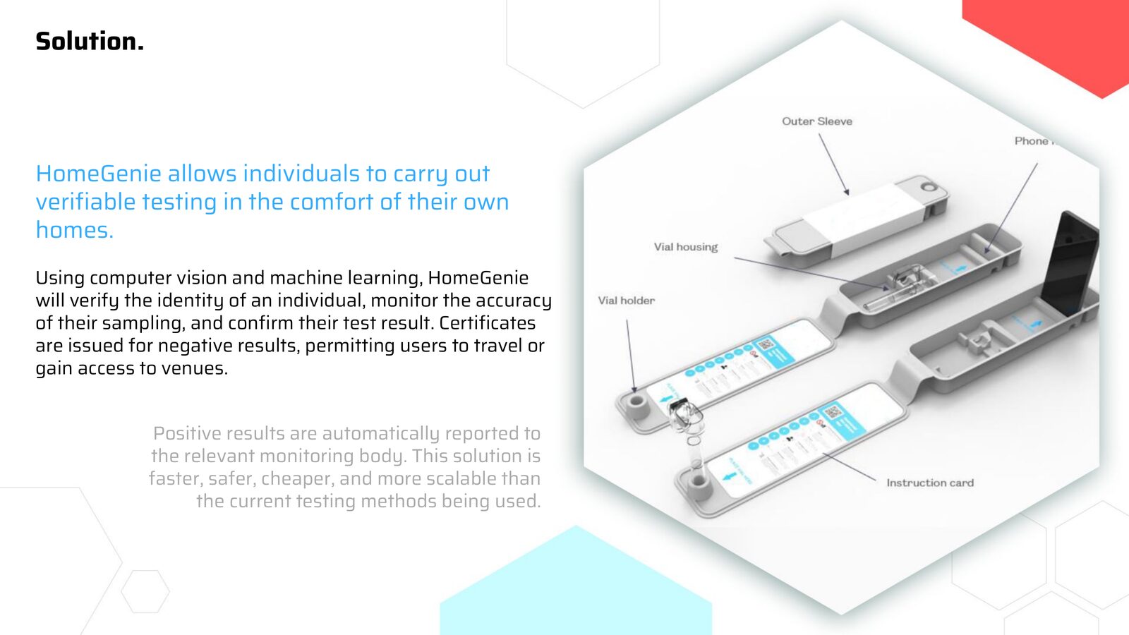 Solution — patented capture kit. Vial holder, vial housing, outer sleeve, instruction card and phone-aligned guides for computer-vision compliance.