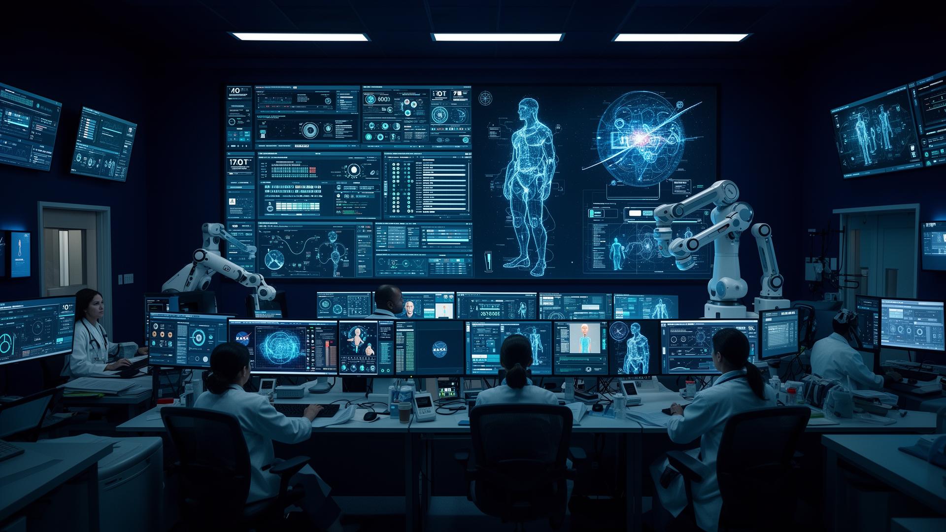 Healthcare command centre with clinicians, remote monitoring, robotics, digital twins and live operational dashboards