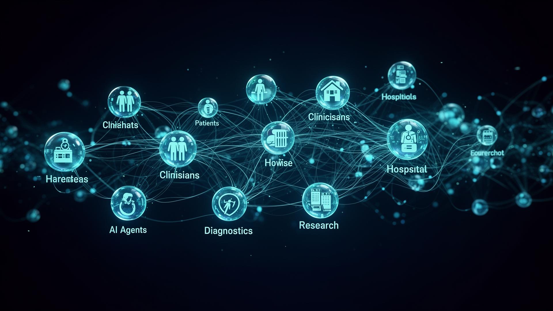 Connected healthcare ecosystem showing patients, clinicians, homes, hospitals, AI agents, diagnostics and research nodes