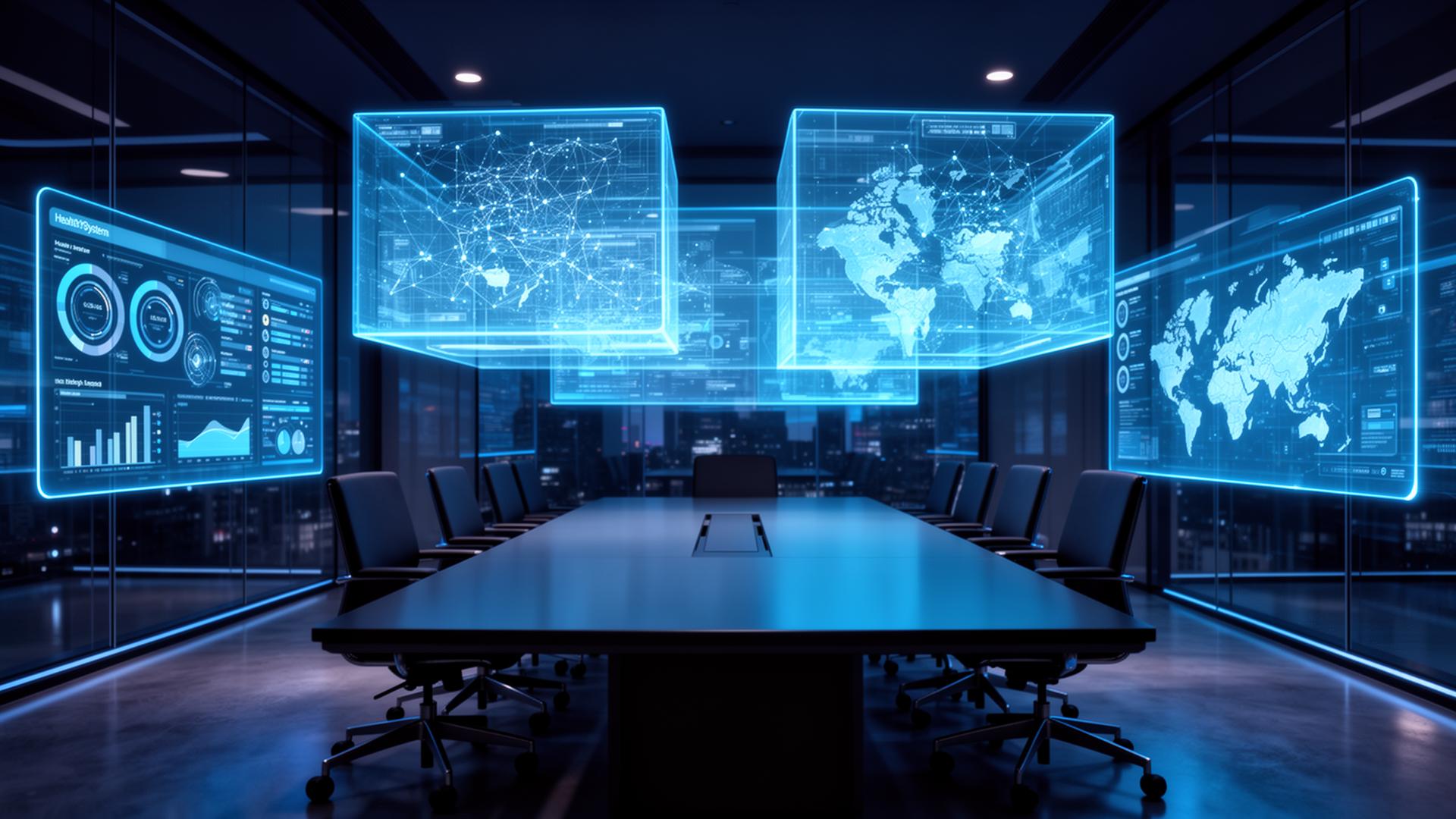 Executive healthcare strategy room with digital twin displays, predictive dashboards and connected health system maps